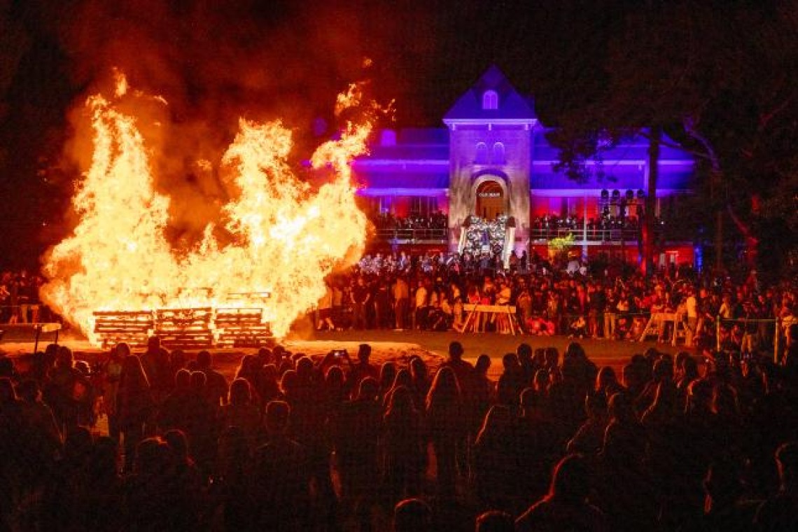 homecoming bonfire in front of old main
