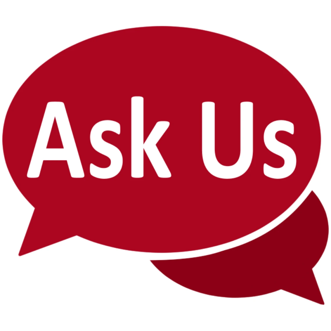 red chat bubble with "Ask Us" in white text