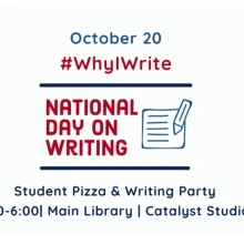 national day of writing pizza and writing event in blue and red text, white background